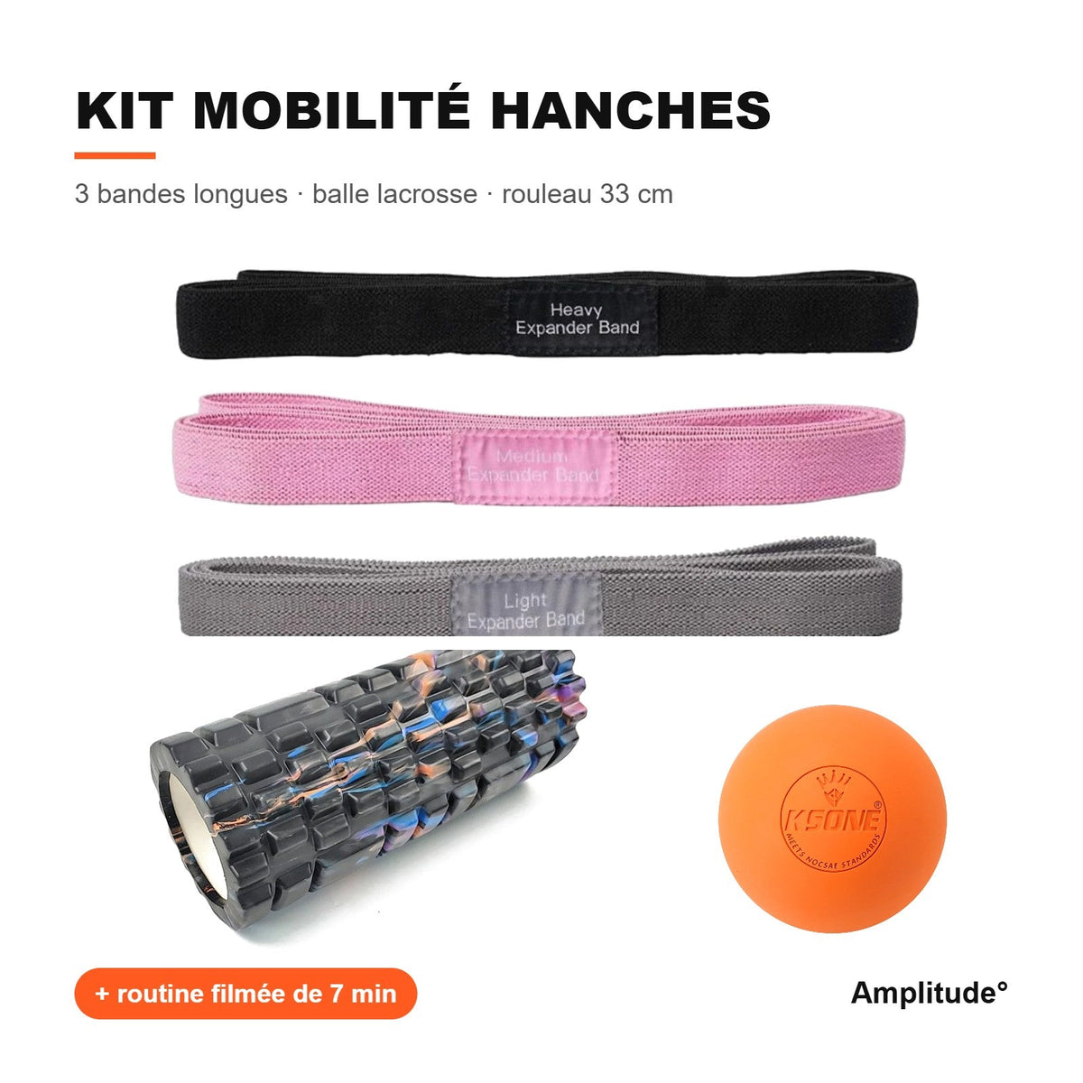 Accessoires de mobilité pour les hanches : bandes longues, balle lacrosse et rouleau