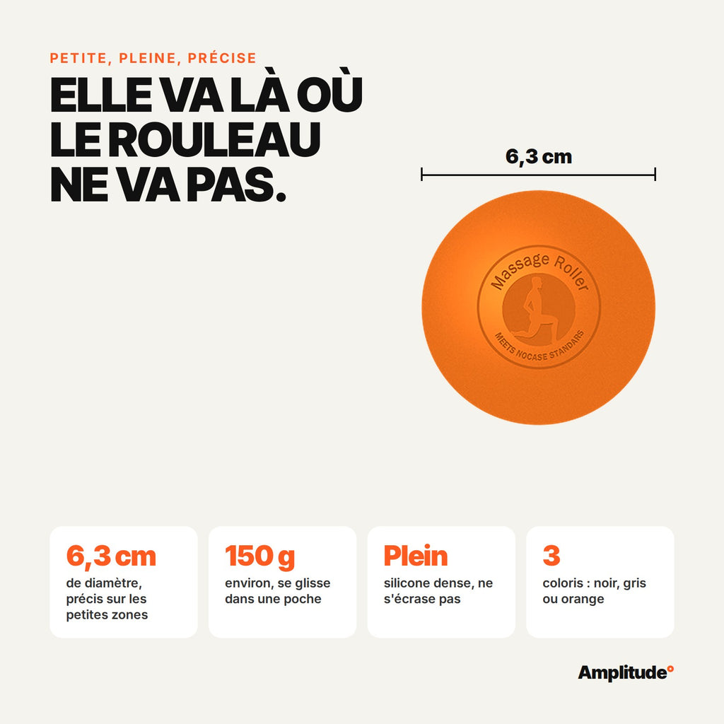 Caractéristiques de la balle de massage : 6,3 cm, environ 150 g, silicone plein