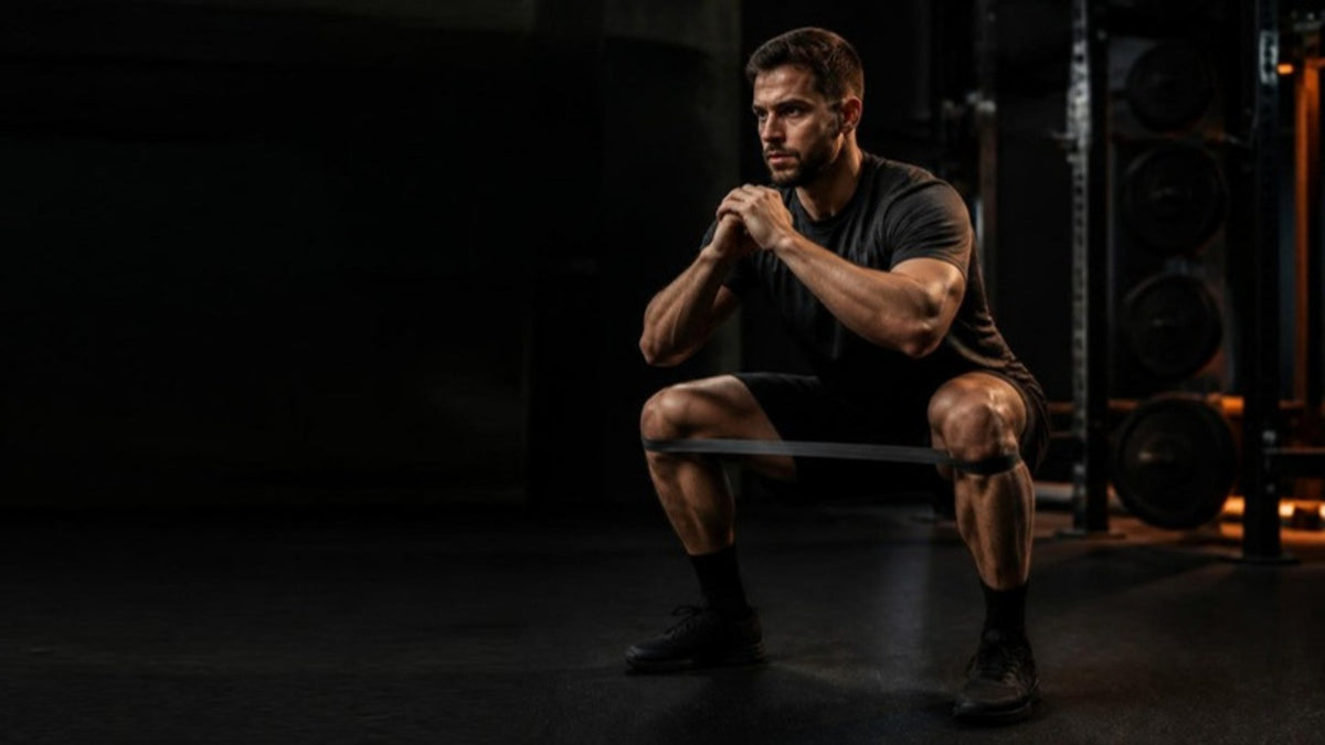Sportif en squat profond avec une bande élastique autour des genoux dans une salle de sport sombre