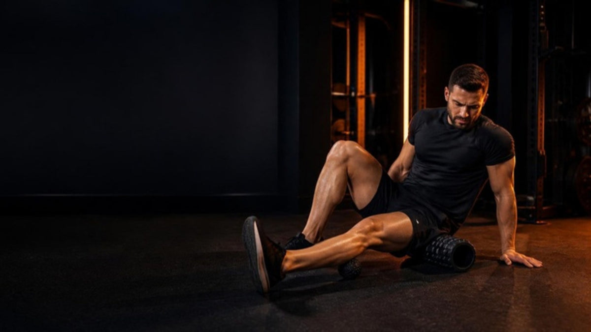 Sportif qui fait de l'auto-massage avec un rouleau au sol dans une salle de sport sombre
