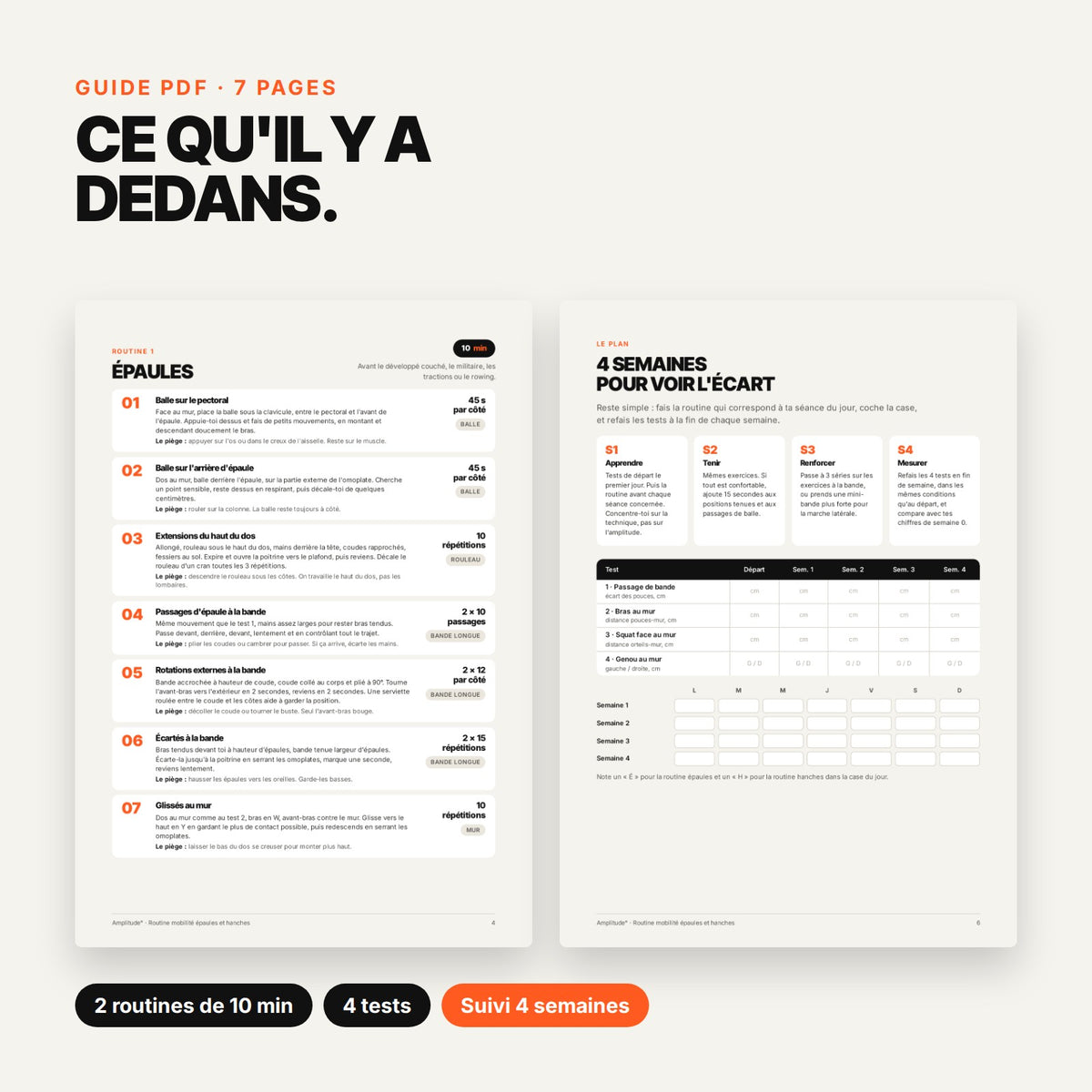 Aperçu de l'intérieur du guide PDF : routines, tests et suivi sur 4 semaines