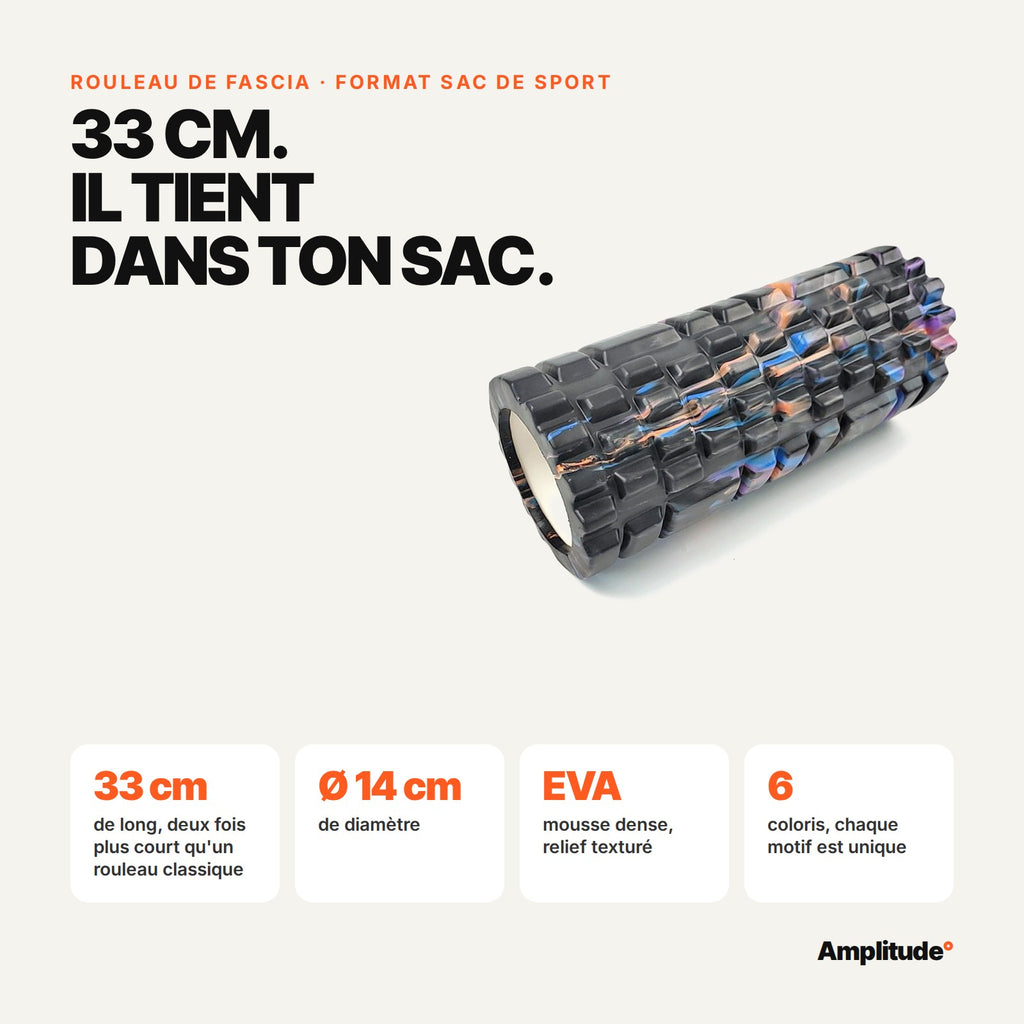 Caractéristiques du rouleau de fascia : 33 cm, diamètre 14 cm, mousse EVA, 6 coloris