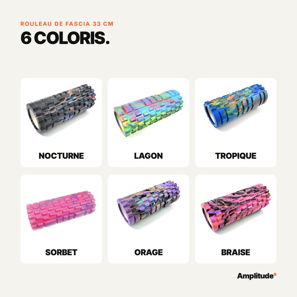 Les 6 coloris du rouleau de fascia : Nocturne, Lagon, Tropique, Sorbet, Orage, Braise